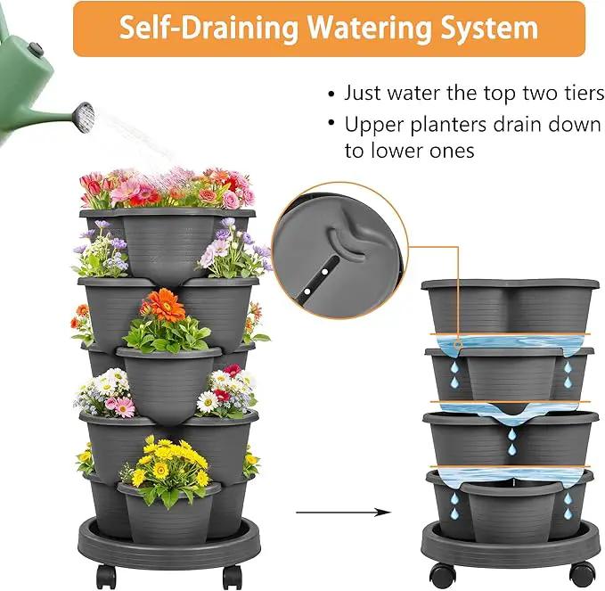 VECELO 5 Tier Vertical Garden Planter, Self Watering Stackable Planters with Wheels for Strawberries, Herbs, Flowers, Vegetables, Dark Gray by GreenHaven Gardens