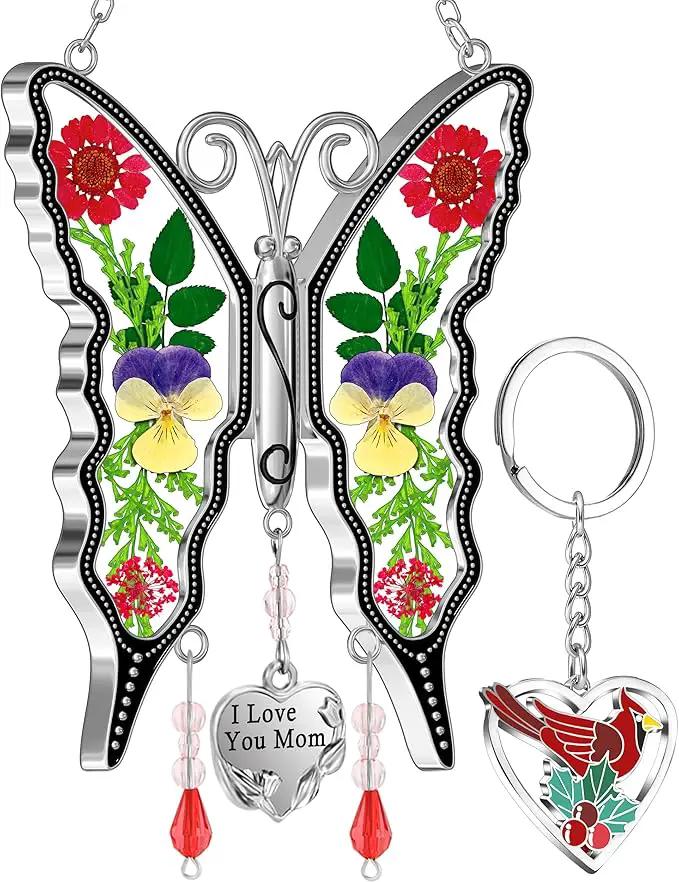 KY&BOSAM Butterfly Suncatcher I Love You Mom Gifts for Mom Pressed Flower Between Wings Glass for Windows Metal Engraved Charm as Gifts for Mother's Day Valentine's Birthday Thanksgiving Christmas by GreenHaven Gardens