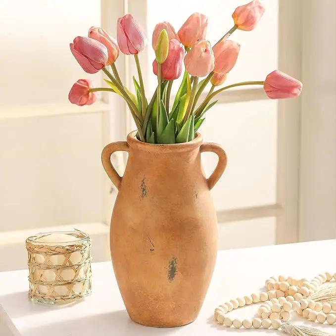 Large Ceramic Flower Vase,11.3 inch Terracotta Vase with 2 Handles, Rustic Farmhouse Vases, Decorative Pottery Flower Vases for Home Decor, Living Room Shelf Decor, Table by GreenHaven Gardens