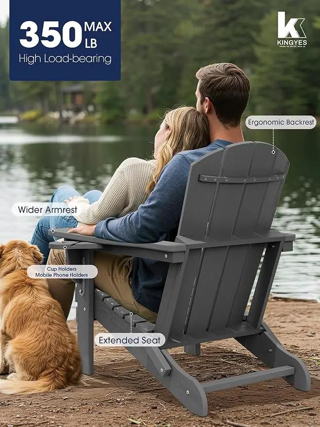 KINGYES Folding Adirondack Chair Set of 2, Dual Cup Holders & All-Weather HDPE, Wood-Like Patio Chair for Backyard, Camping, Pool & Fire Pit, Grey by GreenHaven Gardens