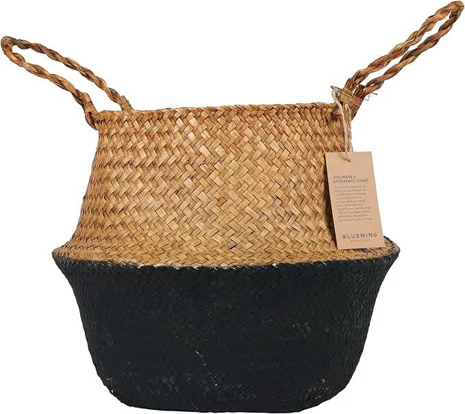 Basket Planter – Woven Seagrass Plant Pot for Tall Indoor Artificial Plants, Wicker Rattan Planters for Boho Decor 9-10 Inches (Black Bottom, Large) by GreenHaven Gardens