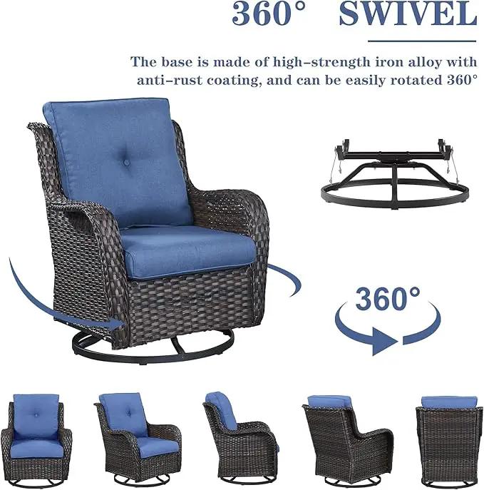 Outdoor Wicker Furniture Patio Set - 7 Piece Backyard Furniture Brown Rattan Conversation Sets with Swivel Rocker Chairs, Rattan Sofa, Club Chairs and Coffee Table, Blue Cushion by GreenHaven Gardens
