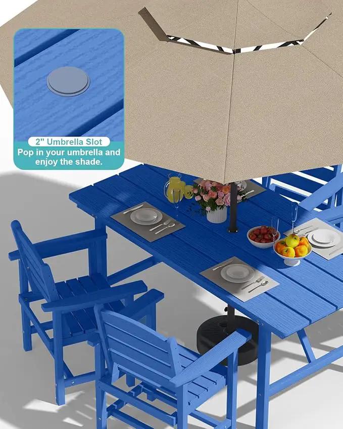 Patio Dining Set for 4 with Umbrella Hole - 66" Outdoor Table & 4 Chairs, All-Weather HDPE Outdoor Furniture for Lawn, Garden, Backyard, Poolside, Navy by GreenHaven Gardens