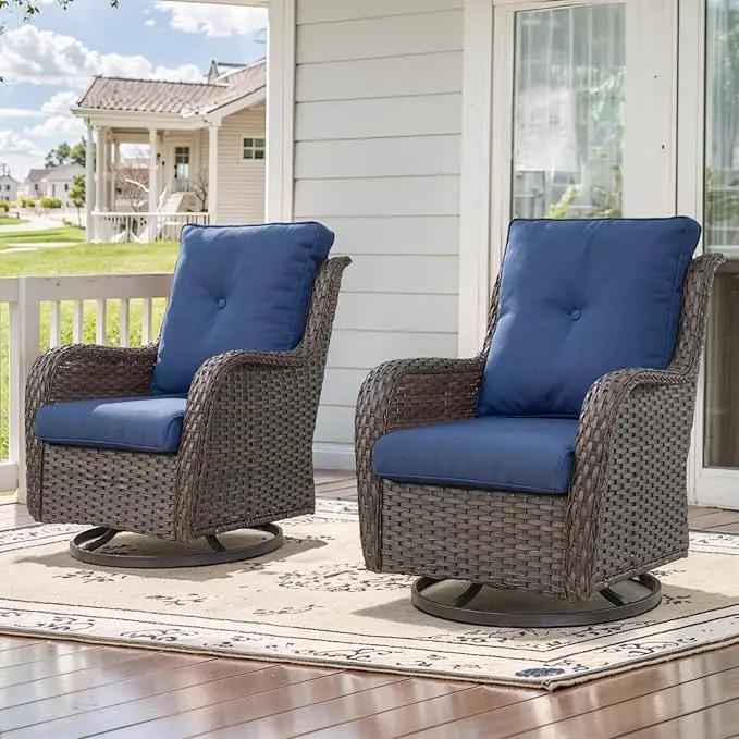 Outdoor Swivel Rcoker Patio Chairs - Outdoor Swivel Patio Chairs Set of 2 Wicker Chair Patio Furniture Sets with Covered Cushion for Porch Deck Balcony Garden, Blue by GreenHaven Gardens