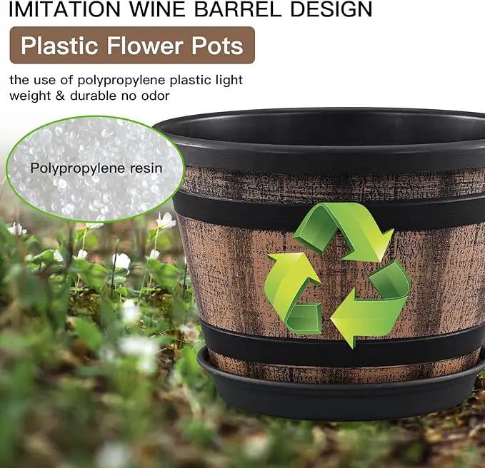 Quarut 3 Pack 10 inch Plant Pots,Whiskey Barrel Planters with Drainage Holes & Saucer, Plastic Decoration Flower Pots Imitation Wine Barrel Design, for Indoor & Outdoor Garden Home Plants (Brown) by GreenHaven Gardens