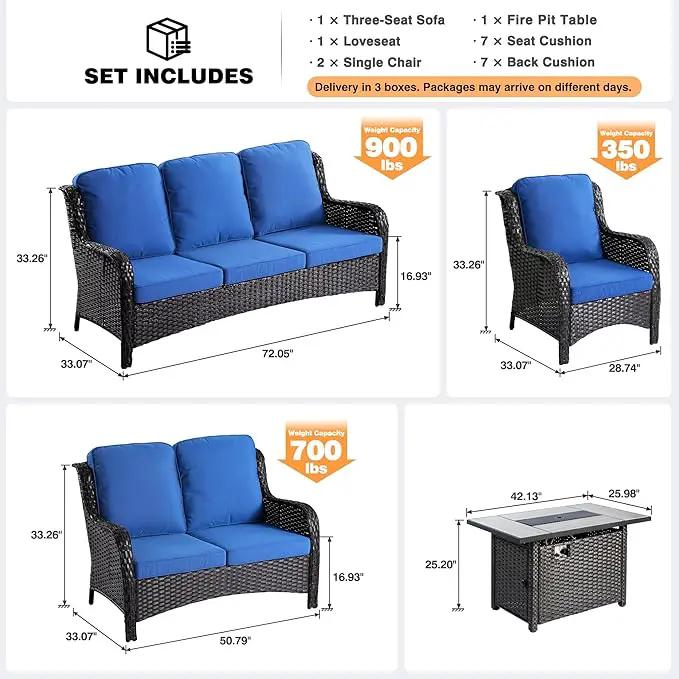 ovios 5 Pieces Patio Furniture Set with 42" Fire Pit Table, Outdoor Wicker Sofa with Loveseat, Comfy Cushions, High Back Couch Conversation Set, Brown Rattan, Navy Blue by GreenHaven Gardens