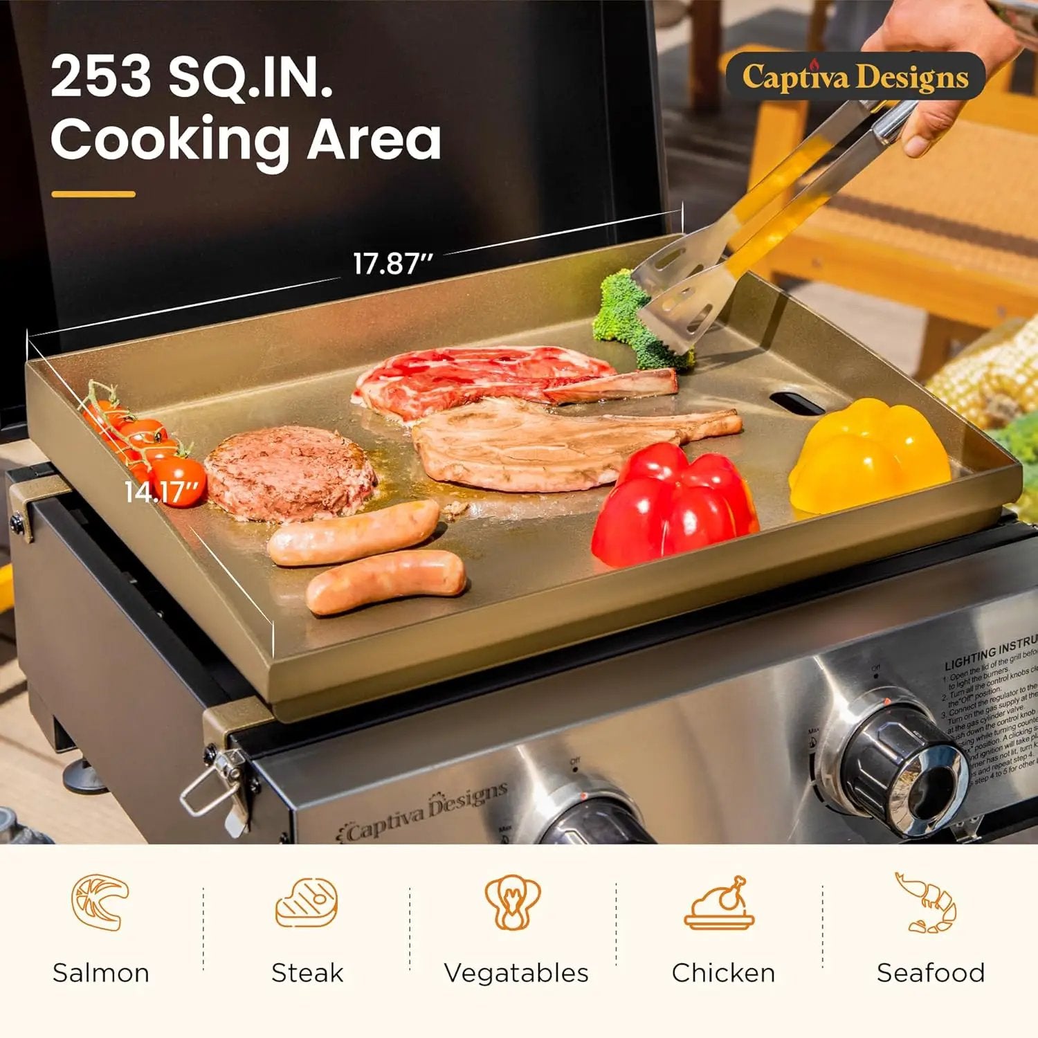 Captiva Designs 17 Inch 2 Burner Portable Propane Gas Griddle Grill with Lid, Outdoor Foldable Flat Top Grill with Stand for Barbecue, Camping and Tailgating by GreenHaven Gardens