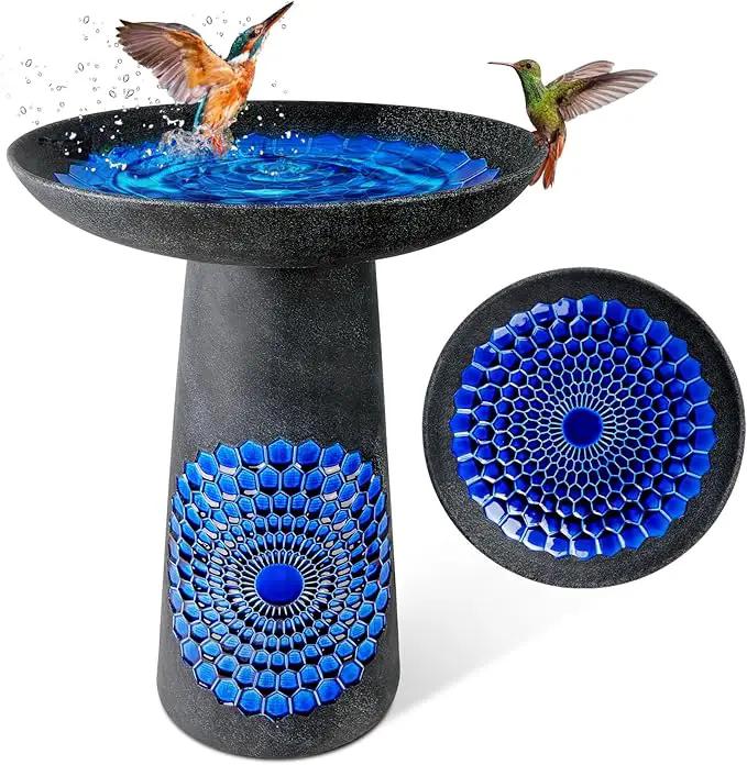 21.5'' Tall Ceramic Bird Bath for Outdoor, Heavy Duty - Cold-Weather Resistant Bird Bath, Garden and Patio Décor - Diamond Blue by GreenHaven Gardens