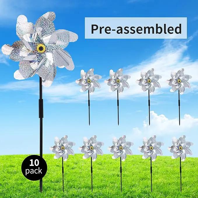 BATTIFE 10 Pack Reflective Pinwheels for Yard and Garden, Pre-Installed Sparkly Silver Blind Birds Pin Wheel, Scare Birds & Animal Away Wind Spinner by GreenHaven Gardens