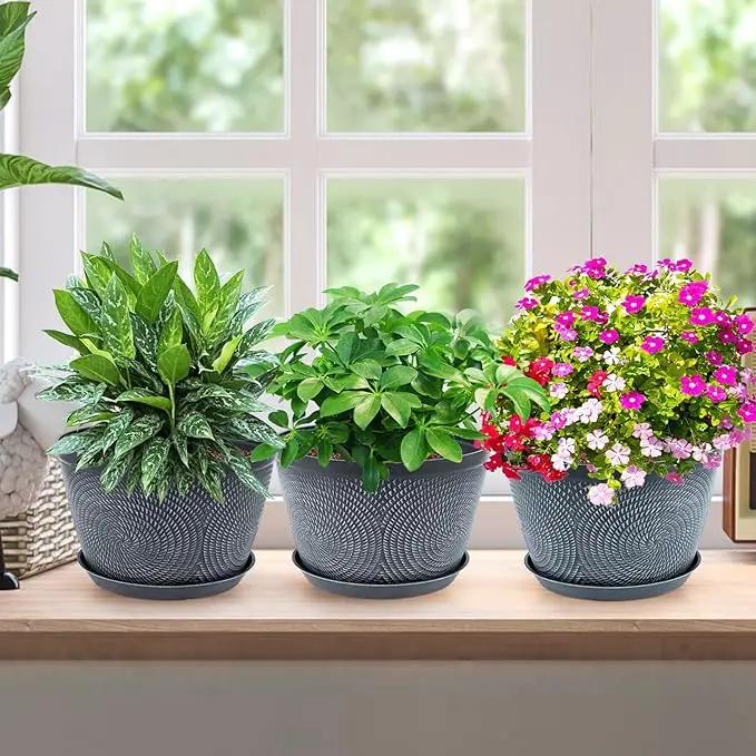 Quarut 10 Inch Flower Pots Planters for Outdoor Indoor, 3 Pack Plastic Plant Pots with Drainage Hole & Tray, Modern Decorative Garden Pot with Saucer, planters for House (Gray) by GreenHaven Gardens