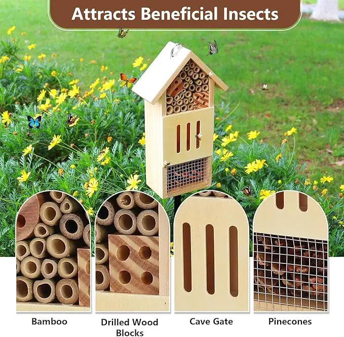 Wooden Insect House, Bee House with Metal Stake for Gardens, Insect Hotel & Butterfly Hotel on The Ground or Hanging on Tree Wall, Natural Insect Habitat for Bee, Butterfly, Ladybirds, Bugs by GreenHaven Gardens
