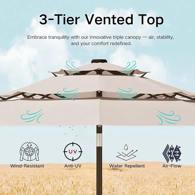 Kingdura 9ft 3-Tier Patio Umbrella with Solar Lights, Table Umbrella Outdoor Patio with Easy Crank & Tilt, 8 Sturdy Ribs, UV Protection, 32 LED Lights for Deck, Poolside, Market (Beige) by GreenHaven Gardens