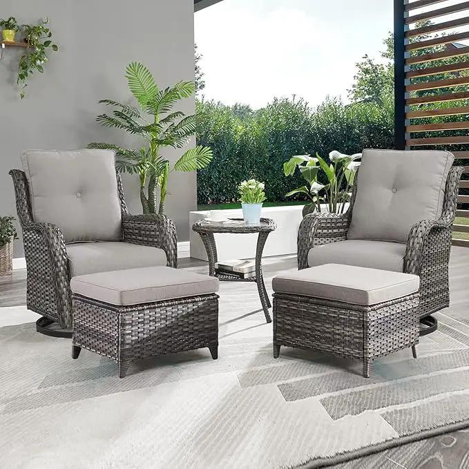 Outdoor Wicker Patio Furniture Set - 5 Pieces Rattan Patio Conversation Set with 2 Rocking Swivel Chairs,2 Ottomans and 1 Side Table for Porch Deck Backyard Garden(Mixed Grey/Grey) by GreenHaven Gardens