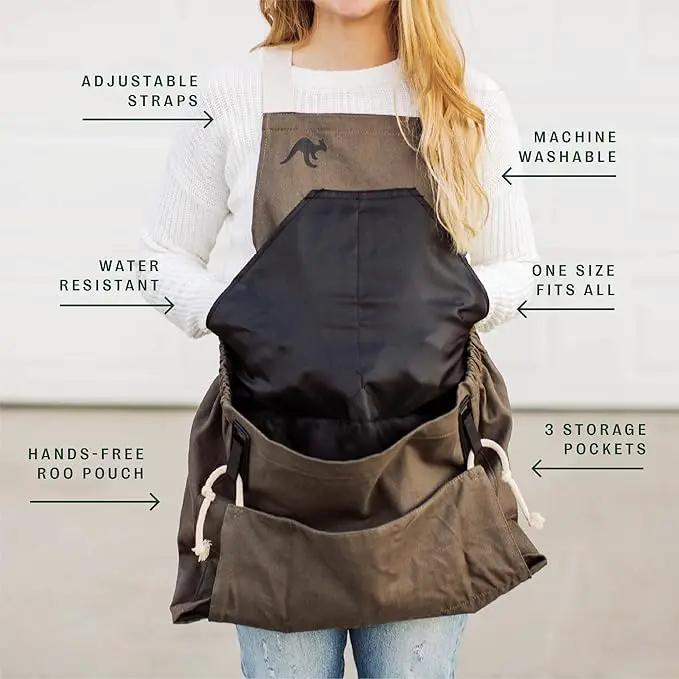 Roo Gardening Apron with Pockets & Harvesting, Picking Pouch - Adjustable, Water-resistant, Washable Canvas Cotton by GreenHaven Gardens