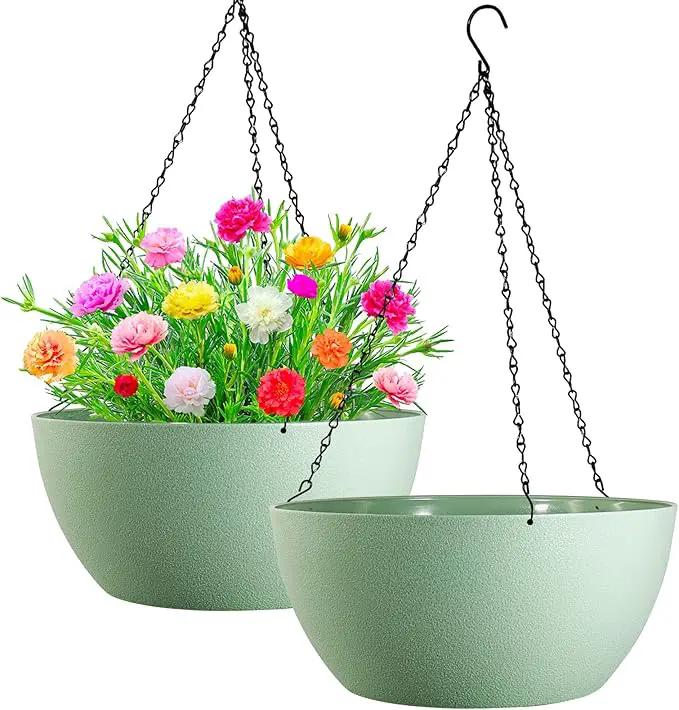 WOUSIWER 13 inch 2 Pack Large Hanging Planters for Indoor Outdoor Plants with Drainage Holes and Chain, Round Hanging Flower Pots for Garden Home Porch Decor, Green by GreenHaven Gardens