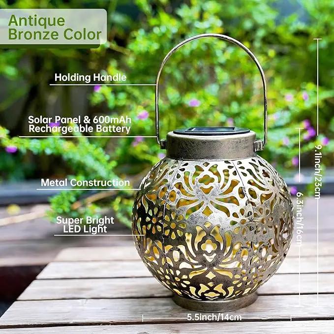 Set of 2 Outdoor Solar Hanging Lantern Lights Metal LED Decorative Lamp for Garden Patio Courtyard Lawn and Table with Hollowed-Out Design (Antique Bronze) by GreenHaven Gardens