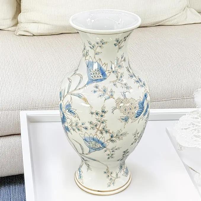 Galt International White & Blue Floral Chinoiserie Ceramic Vase 14" - Hand Painted Antique Style Porcelain Flower Bottle Fishtail Porcelain Chinese Vase for Home Decor Centerpiece by GreenHaven Gardens