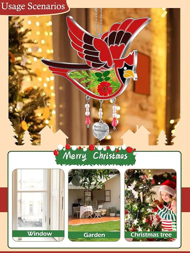 KY&BOSAM Cardinal Suncatcher Merry Christmas Hanging Ornament for Windows Sun Catchers with Pressed Real Flower in Glass and Heart Charm Birthday Gifts for Women Mom Grandma Nana Christmas Day Gifts by GreenHaven Gardens