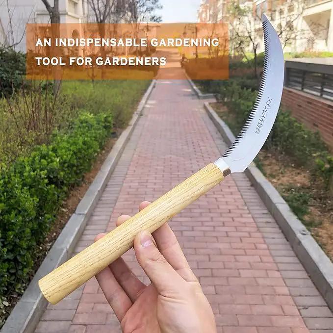 SHANFEEK Grass Sickle with Sawtooth Japanese Weeding Hoe Weeding Tools for Garden High Toughness Stainless Steel with Hard Solid Wood Handle(Yellow) by GreenHaven Gardens