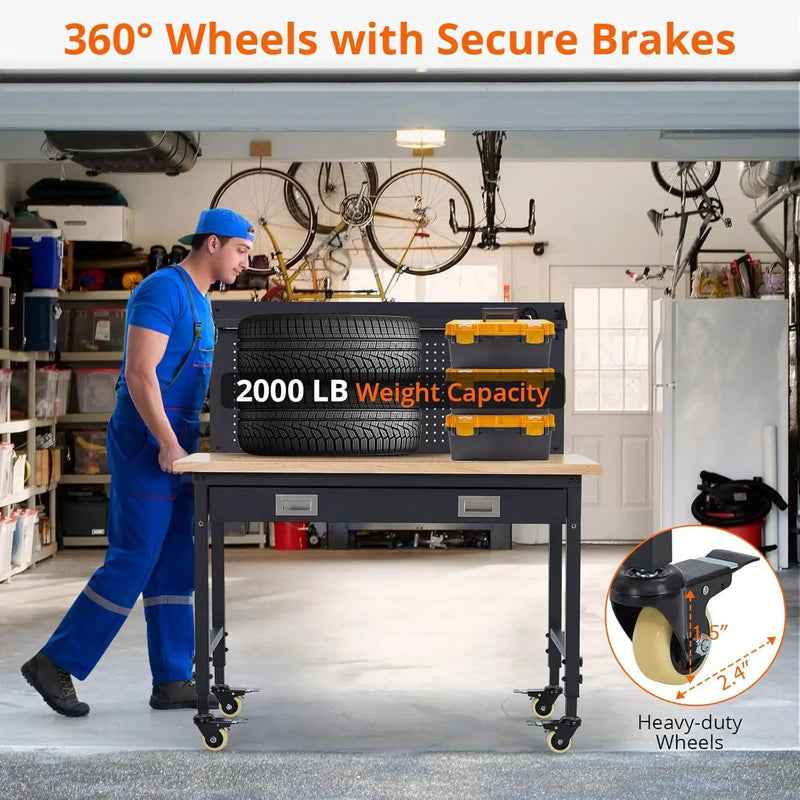 48x24 Inch Heavy-Duty Adjustable Workbench with Rubber Wood Top – 2000LB Capacity Mobile Garage Workstation with Drawer&Backplate, Ideal for Workshop, DIY & Tool Storage by GreenHaven Gardens