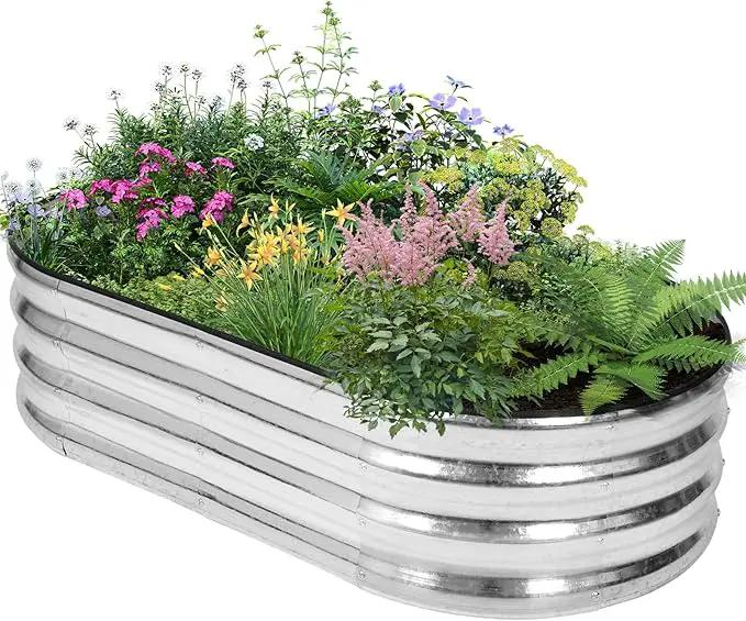 Galvanized Raised Garden Bed Outdoor - 4×2×1ft Planter Raised Beds for Gardening | Oval Metal Garden Planter Box with Safety Edging and Gloves for Vegetables Fruits and Flowers (Silver) by GreenHaven Gardens