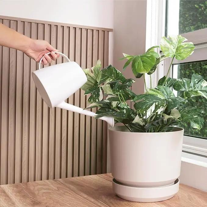 Elly Décor 14 inch Plastic Cylinder Planter Pot with Self-Watering Saucer and Drainage Hole,Lightweight & Extremely Durable, 14"x 14", Ivory by GreenHaven Gardens
