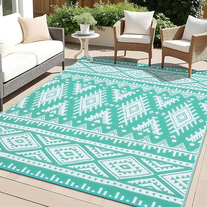 OLANLY Outdoor Rug Waterproof 9x12 ft, Reversible Outdoor Plastic Straw Rug, Boho Patio Rug, Indoor Outdoor Carpet, RV Mat Outside for Patio, Camp, Picnic, Balcony, Deck, Backyard, Turquoise & White by GreenHaven Gardens
