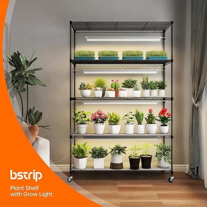 Plant Shelf with Grow Lights, 5 Tier Large Tall Plant Stand with 3FT T5 144w Grow Light for Indoor Plants, 3 Mode Full Spectrum LED Plant Light with wheel and Timer for Seedling, 47.2x17.8x71IN by GreenHaven Gardens