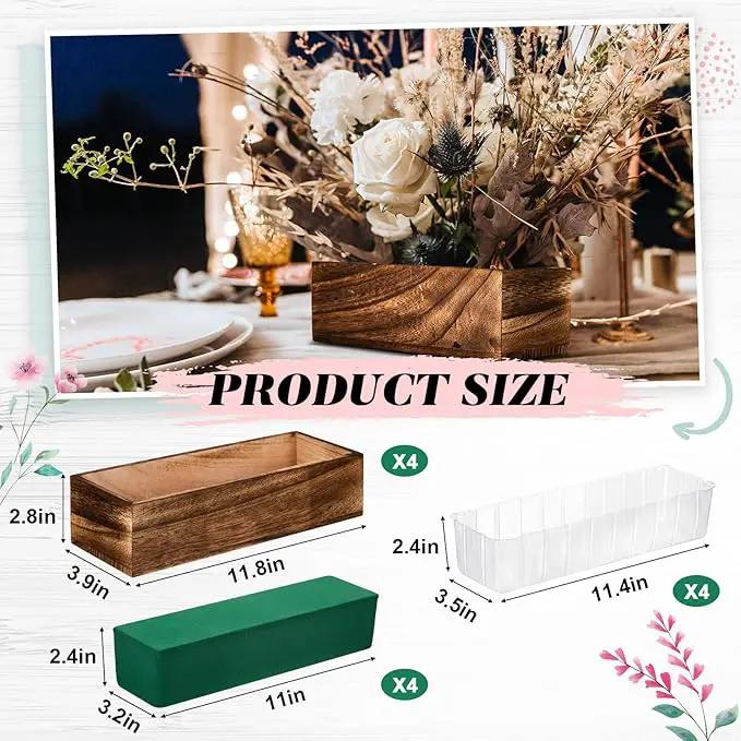Dandat 4 Set Wood Boxes for Centerpieces Rectangle Wooden Planter Box Rustic Wood Planter with Removable Plastic Liner Floral Foam Blocks for Centerpieces Home Wedding Garden Decor (12x4 Inch) by GreenHaven Gardens