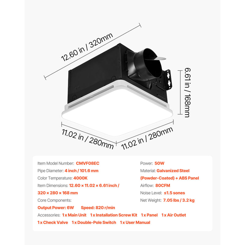 Bathroom Exhaust Fan with LED Light, 80 CFM, Low Noise by HouseOfZazla
