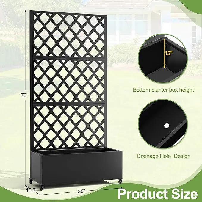 Metal Planter Trellis Box with Wheels & Drain Plug Outdoor Raised Garden Bed Patio Privacy Screen with Planter for Climbing Plants, Vegetables 73"x35"x16" Black-Diamond by GreenHaven Gardens