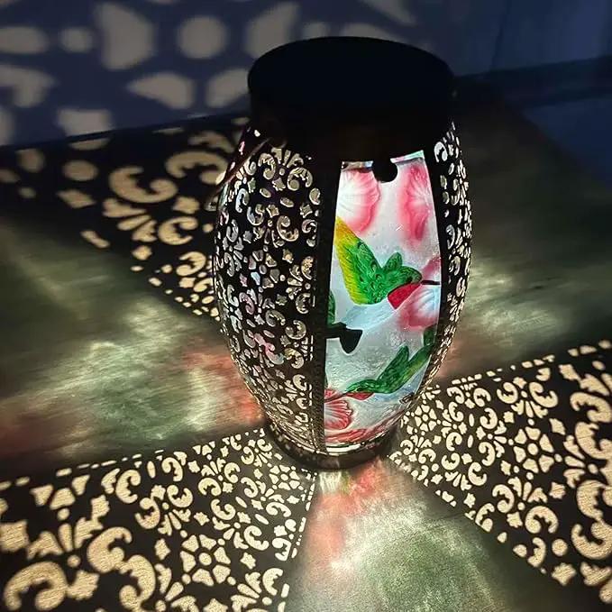 Hummingbird Solar Lanterns Glass & Metal Hanging Lantern Outdoor Waterproof 16" H Tabletop Light with Hollowed-Out Design for Garden Patio Table Decor Mother's Day Gift by GreenHaven Gardens
