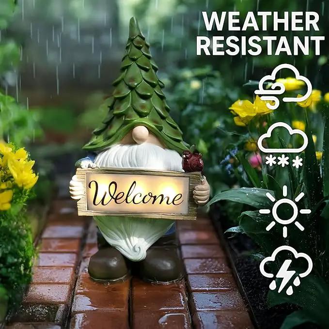 Garden Gnome Statue with Solar Lights, 13.5” Welcome Sign Gnome Outdoor Decor for Yard Lawn Patio, Funny Resin Gnome Sculptures, Gifts for Women Mom Grandma,Garden Decor Ornament by GreenHaven Gardens