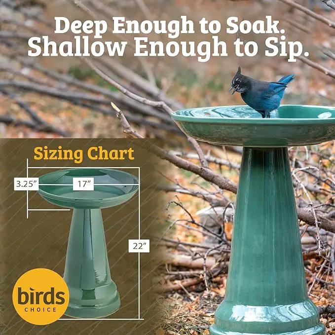 Birds Choice Ohio Stoneware Bird Bath | Pedestal Bird Bath, Stable Locking Top | Weather-Resistant Ceramic Clay, Glazed Finish | Outdoor Garden & Patio Decor | 22" H x 17" D, Gray by GreenHaven Gardens