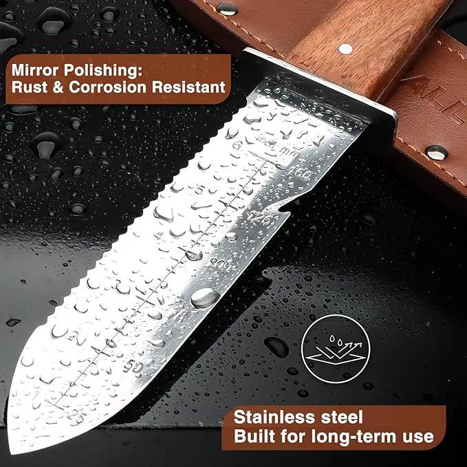 SHALL Hori Hori, Japanese Garden Knife, Soil Knife with Leather Sheath, Rosewood Handle & Hide Rope, 7” Stainless Steel Blade, Rope Cutting Edge, for Digging, Weeding, Planting, Full-Tang by GreenHaven Gardens