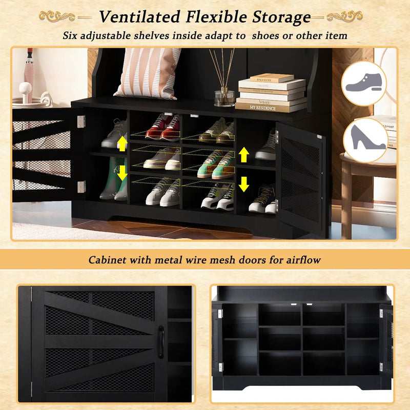 Entryway Bench With Coat Rack, 3 In 1 Design And Adjustable Shelves