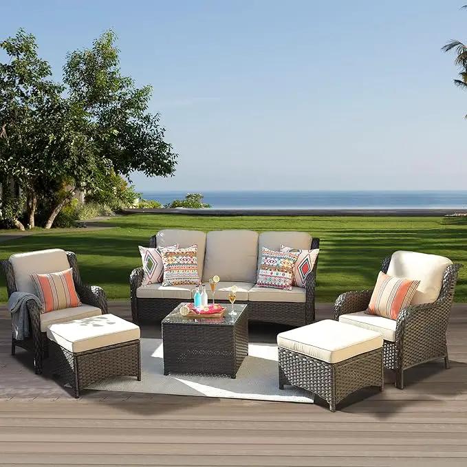 ovios 6 Pieces Patio Furniture Set, Outdoor Wicker Sofas with Glass Coffee Table and Comfy Cushions, All Weather High Back Couch Set for Deck Porch, Brown Rattan, Beige by GreenHaven Gardens