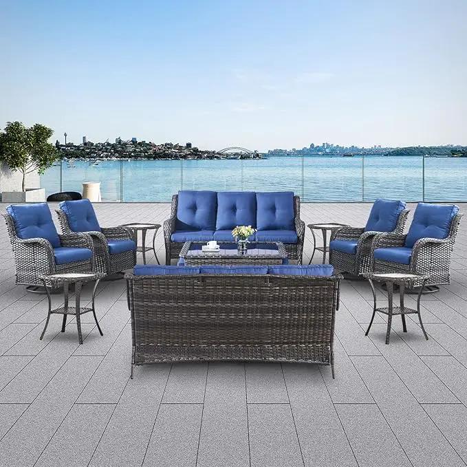 Wicker Patio Furniture Sets - 13 Piece Outdoor Rattan Furniture Conversation Sets with 4 Swivel Rocker Chairs, 2 Rattan Sofas, Wicker Ottomans and Coffee Table, Mixed Grey/Blue by GreenHaven Gardens
