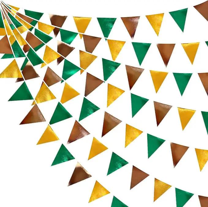 Green Gold Brown Metallic Fabric Triangle Pennant Banner Flag Bunting Garland for Football Jungle Safari Wild Woodland Birthday Baby Shower Wedding Bachelorette Graduations Party Decorations Supplies by GreenHaven Gardens