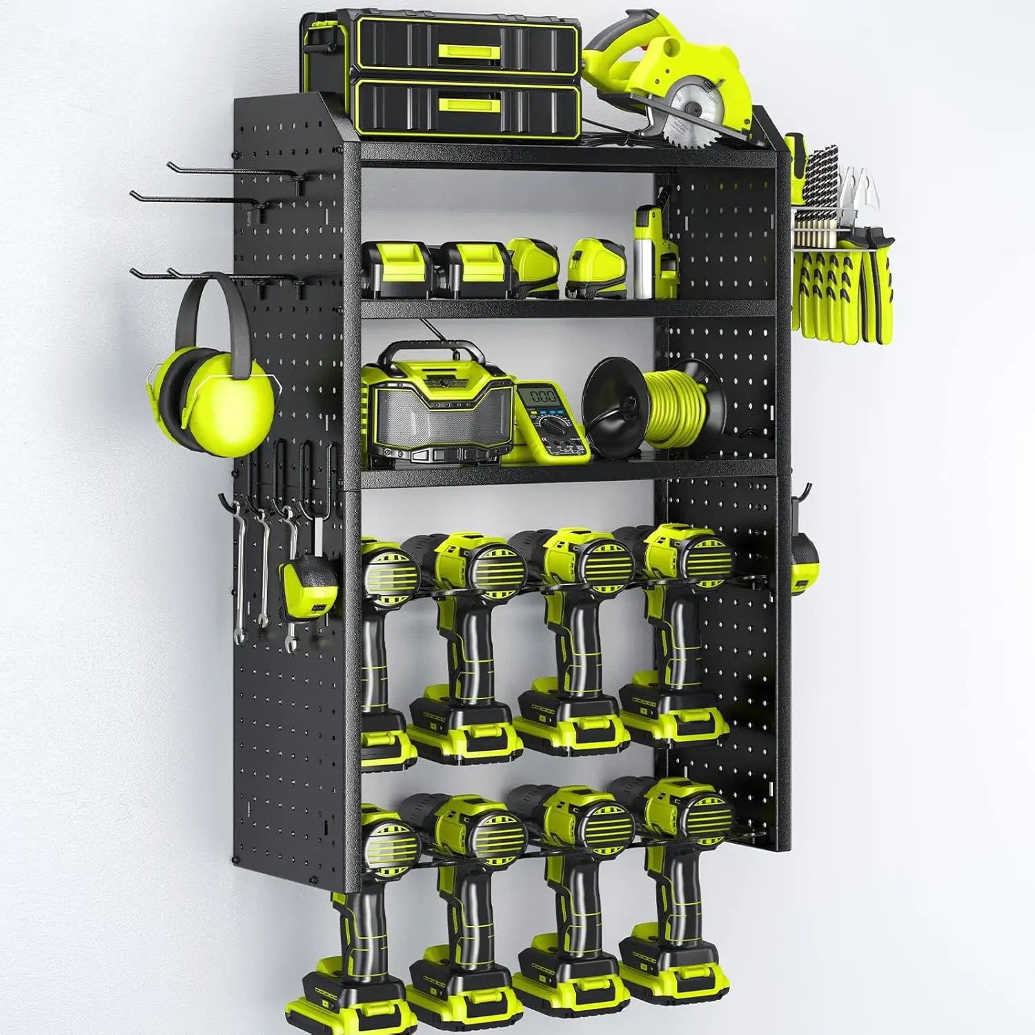 KAFAHOM Power Tool Organizer,Large 8 Drill Holder Wall Mount with 2 Side Pegboards,5 Layer Metal Tool Storage Rack with 12 Hooks,Tool Shelf for Garage Organization,Utility Battery Shelves - Black by GreenHaven Gardens
