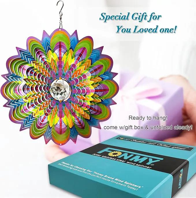 FONMY Mandala Wind Spinner w/Crystal Ball-Bloosom 3D Stainless Steel Suncatcher Hanging Spinners Worth Gift Christmas Decoration Indoor/Outdoor Garden Décor Kinetic Yard Art 12 Inches Wind Sculpture by GreenHaven Gardens