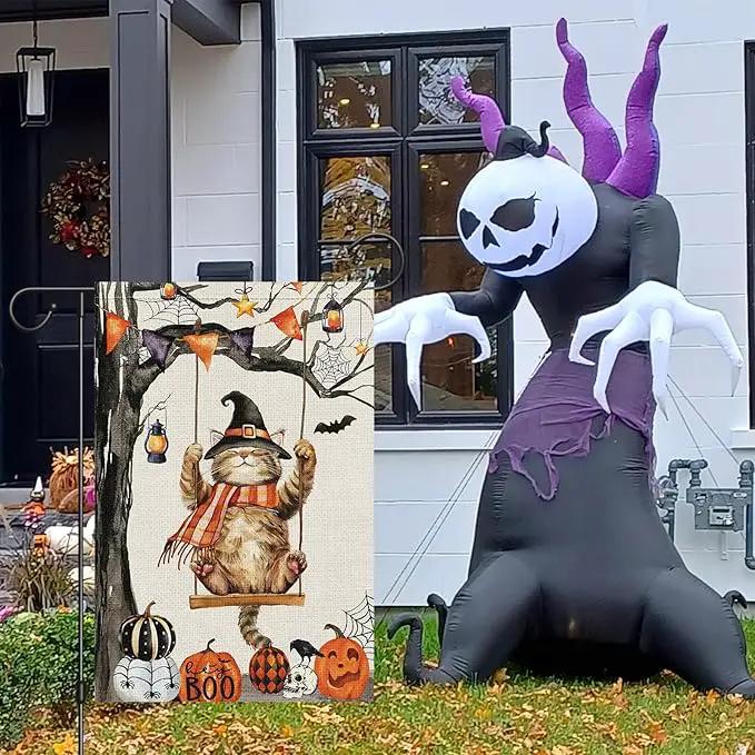 Heyfibro Halloween Cute Cat Swing Garden Flags 12 x 18 Inch Vertical Double Sided Burlap, Pumpkin Skull Bat Yard Flag for Seasonal Fall Thanksgiving Farmhouse Decoration(ONLY FLAG) by GreenHaven Gardens