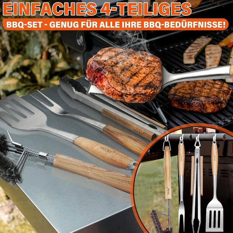 TIVOLI 4PCS Grilling Accessories, Heavy Duty BBQ Tool Set with Stainless Steel Spatula, Tongs, Fork, Cleaning Brush, Wood Handles Barbecue Utensils Kit for Outdoor, Perfect Grill Gifts for Dad Men by GreenHaven Gardens