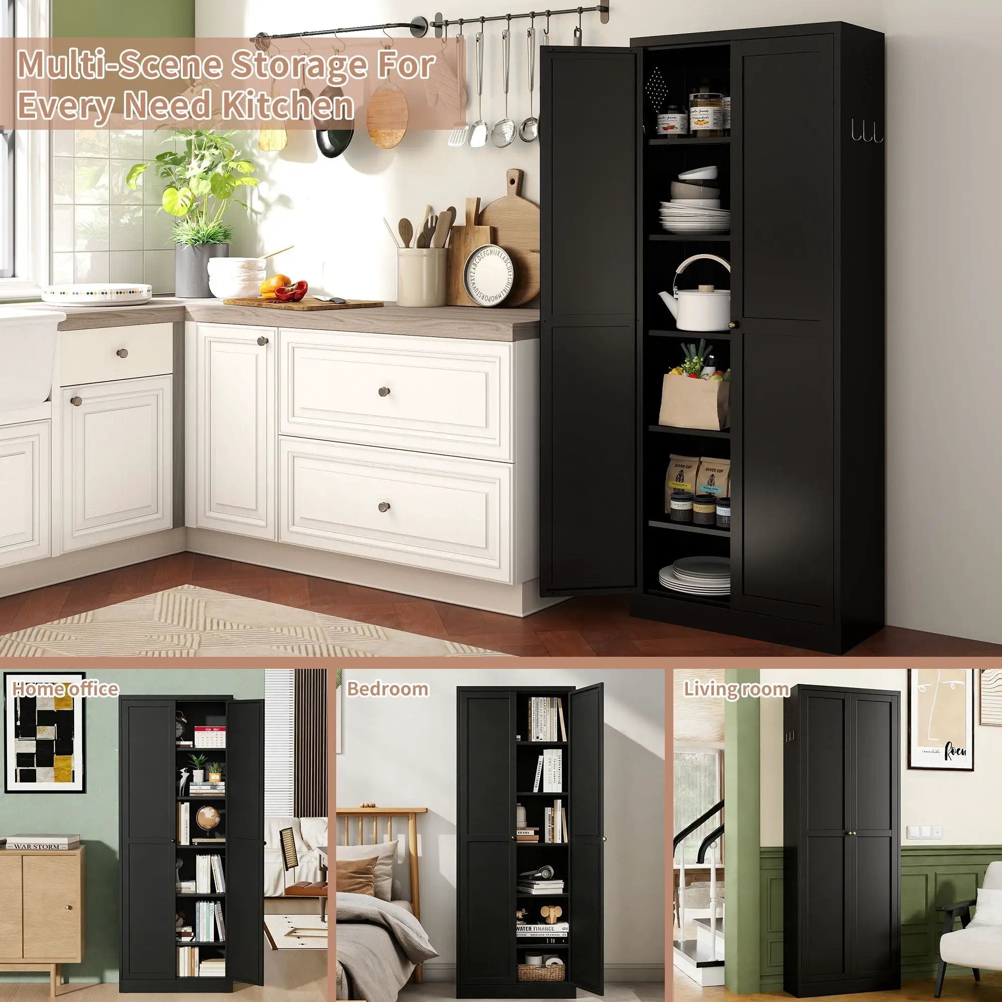 Kitchen Pantry Cabinet With 4 Adjustable Shelves, Heavy Duty Freestanding Organizer by Unique Piece Furniture