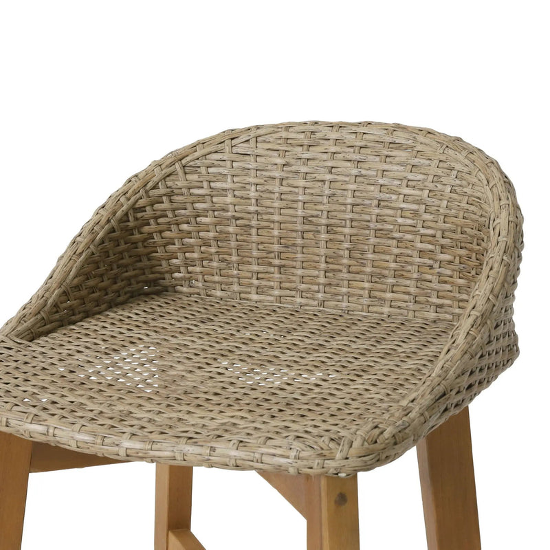 Beeson Outdoor Wicker and Acacia Wood Barstools Set, Water Resistant - Brown by HouseOfZazla