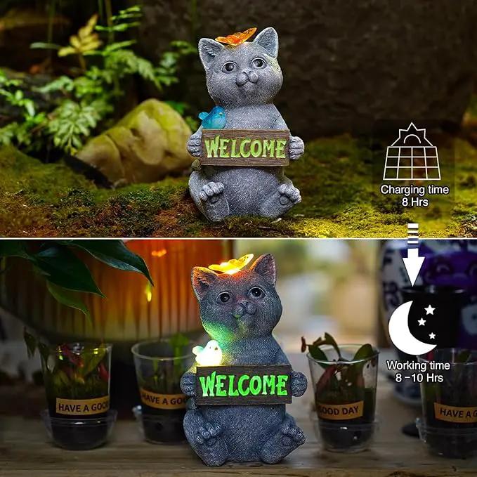 Goodeco Solar Cat with Welcome Sign - Outdoor Cat Statue with Solar Butterfly & Bird Lights - Perfect Cat Decor for Cat Lovers, Ideal Housewarming Gifts for Women & Moms (Gray) by GreenHaven Gardens