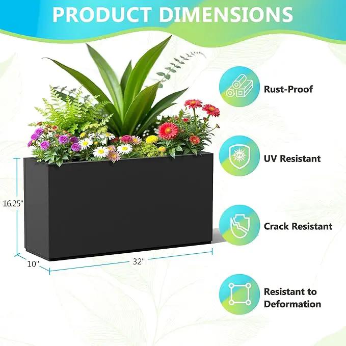 FENCY Metal Rectangular Planter Box, Large Planters for Outdoor Plants, Tall Planters for Outdoor Plants with Drainage Holes (32" L x 10" W x 16.3" H,Black) by GreenHaven Gardens