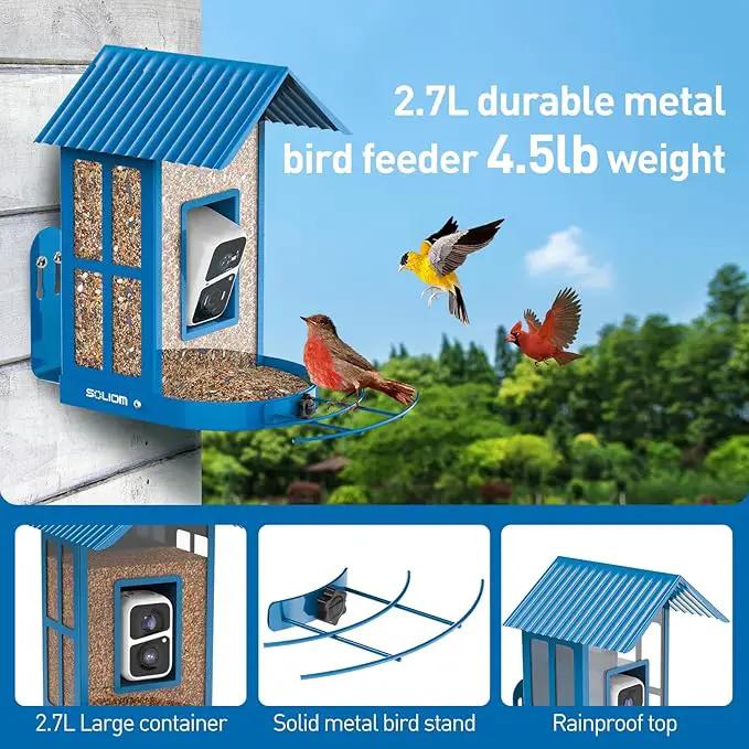 Bird Feeder with Camera with AI Identify Species, Wild Bird Watching, 2K Live View, Instant Arrival Alerts with 5W Solar Powered-Soliom BF08 Metal Blue by GreenHaven Gardens
