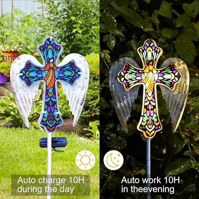 YJFWAL Solar Glass Cross Garden Stake Light, Cemetery Decorations for Grave Outdoor Lights, Jesus Cross Angel Wings Sympathy Memorial Gifts, for Easter Halloween Garden Lawn Yard Patio Decor by GreenHaven Gardens