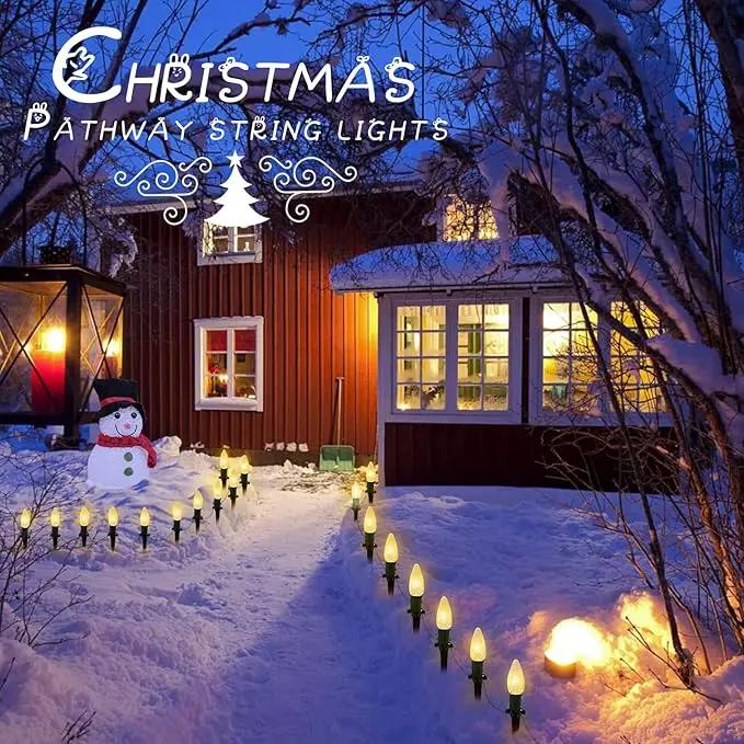 C9 Christmas Pathway Lights Outdoor, 25.7 Feet 20 LED C9 Strawberry Walkway Lights with Marker Stakes, Connectable Shatterproof C9 String Lights for Lane Outside Yard Decorations, Warm White, 2 Pack by GreenHaven Gardens